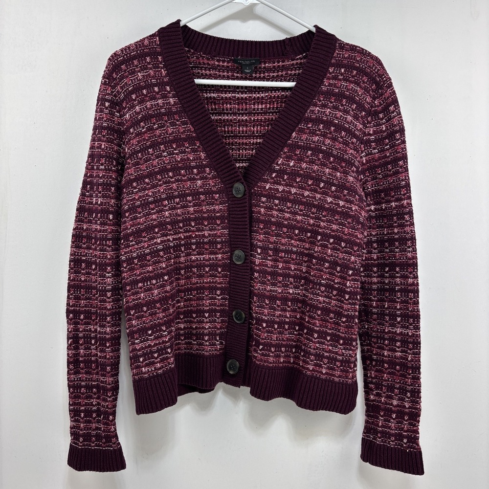 Ann Taylor Womens Burgundy‎ Tweed Look Button Cardigan Size L Classic Preppy